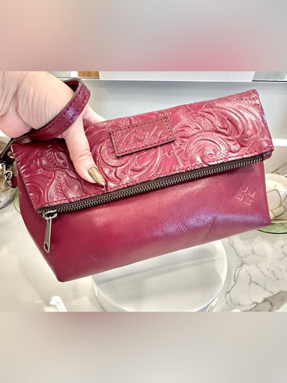 Patricia Nash Tooled Floral Motif Magenta Leather Wristlet/Clutch Purse - EUC - Picture 7 of 17